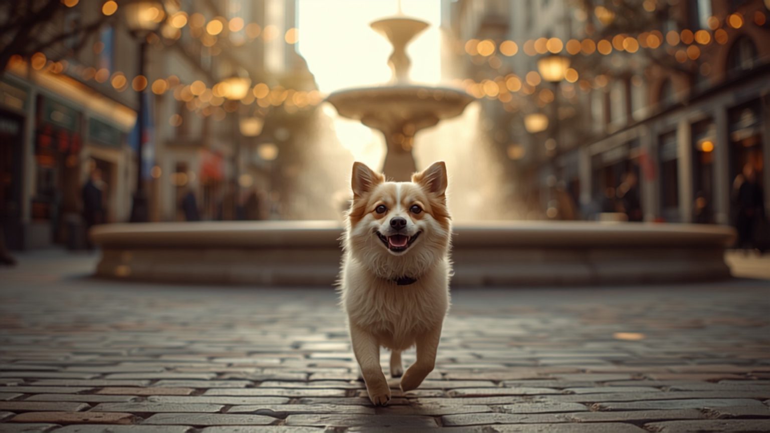 Happy dog exploring a downtown Toronto public square with a fountain