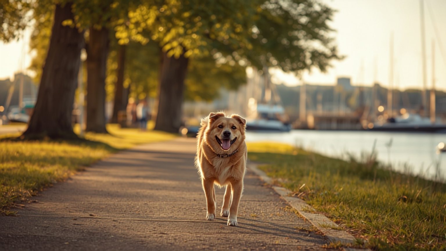 Happy dog walking the waterfront trail in Etobicoke, Toronto