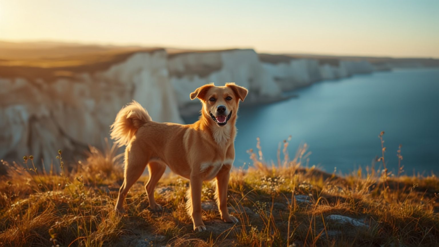 Happy dog on a bluff overlook near Scarborough, Toronto