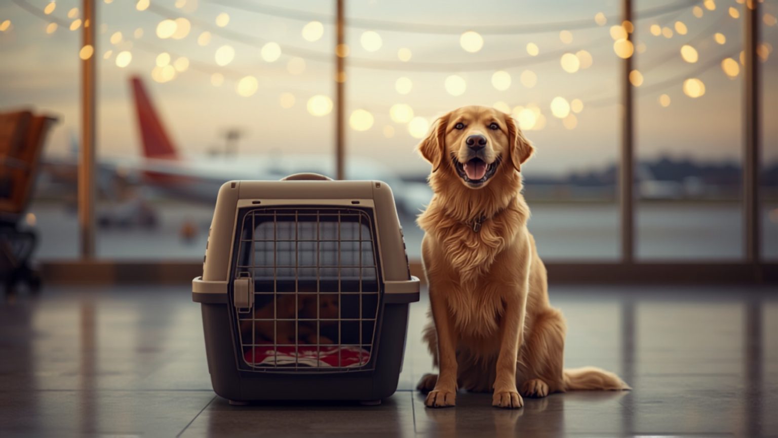 Happy golden retriever beside a pet carrier at the airport during the holiday travel season