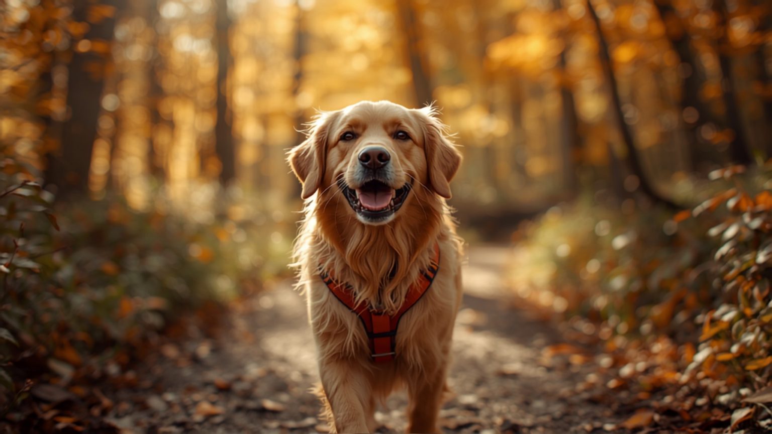 Happy golden retriever hiking a forest trail near Toronto wearing a harness