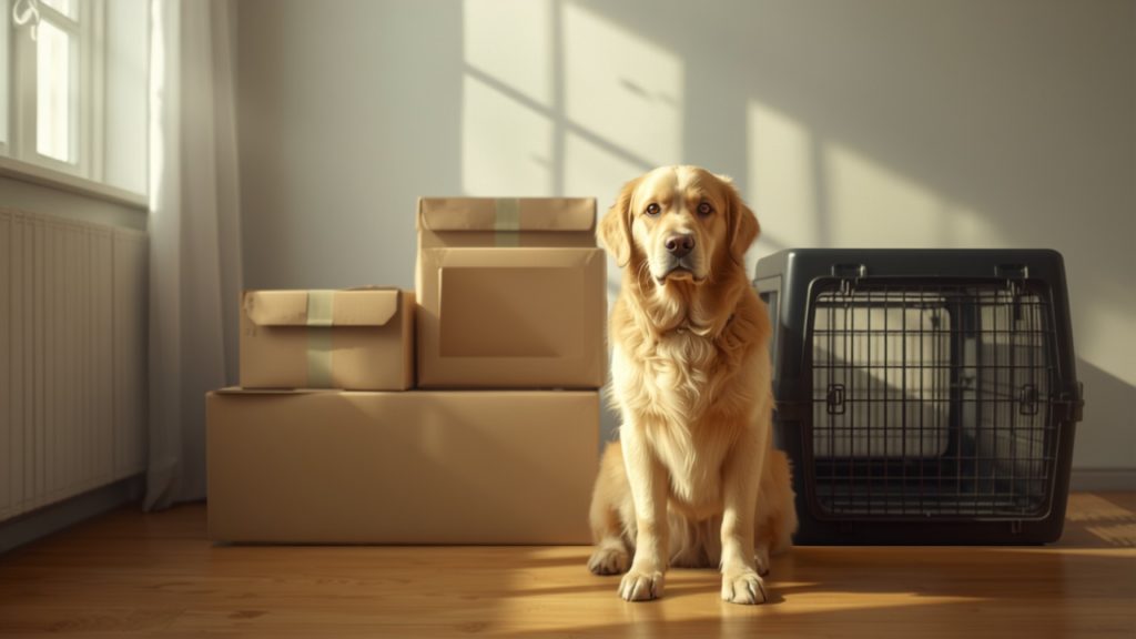 Golden retriever sitting beside moving boxes and a travel crate on moving day