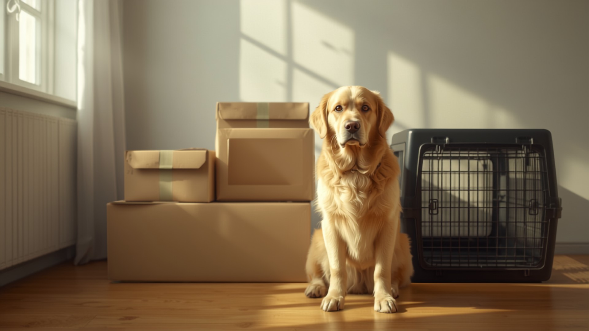 Golden retriever sitting beside moving boxes and a travel crate on moving day
