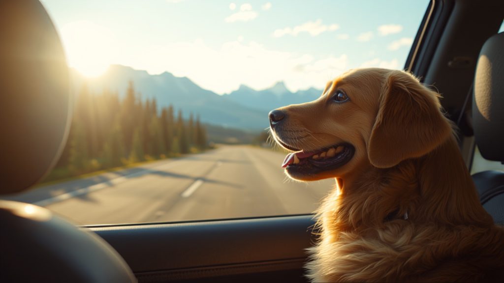 Happy golden retriever looking out a car window on a cross-Canada road trip