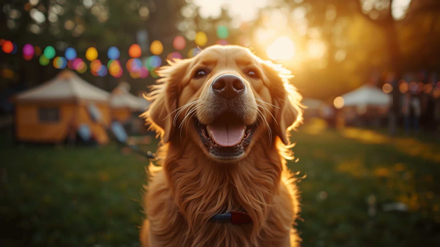 Happy golden retriever enjoying an outdoor dog festival in Toronto with string lights
