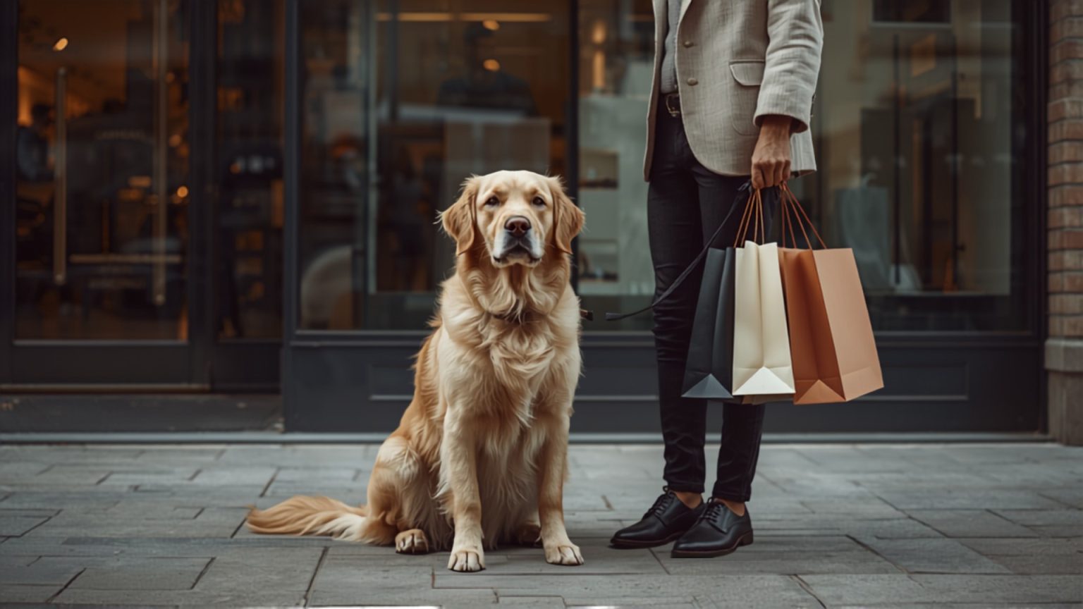Leashed golden retriever outside a dog-friendly Toronto shopping storefront