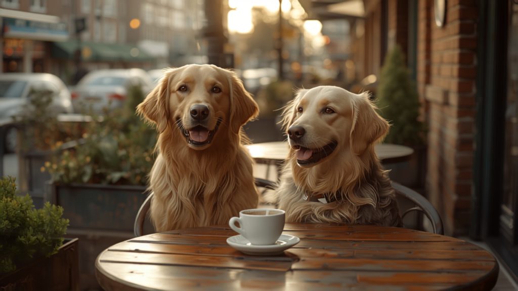 Two golden retrievers at a dog-friendly Toronto cafe patio table