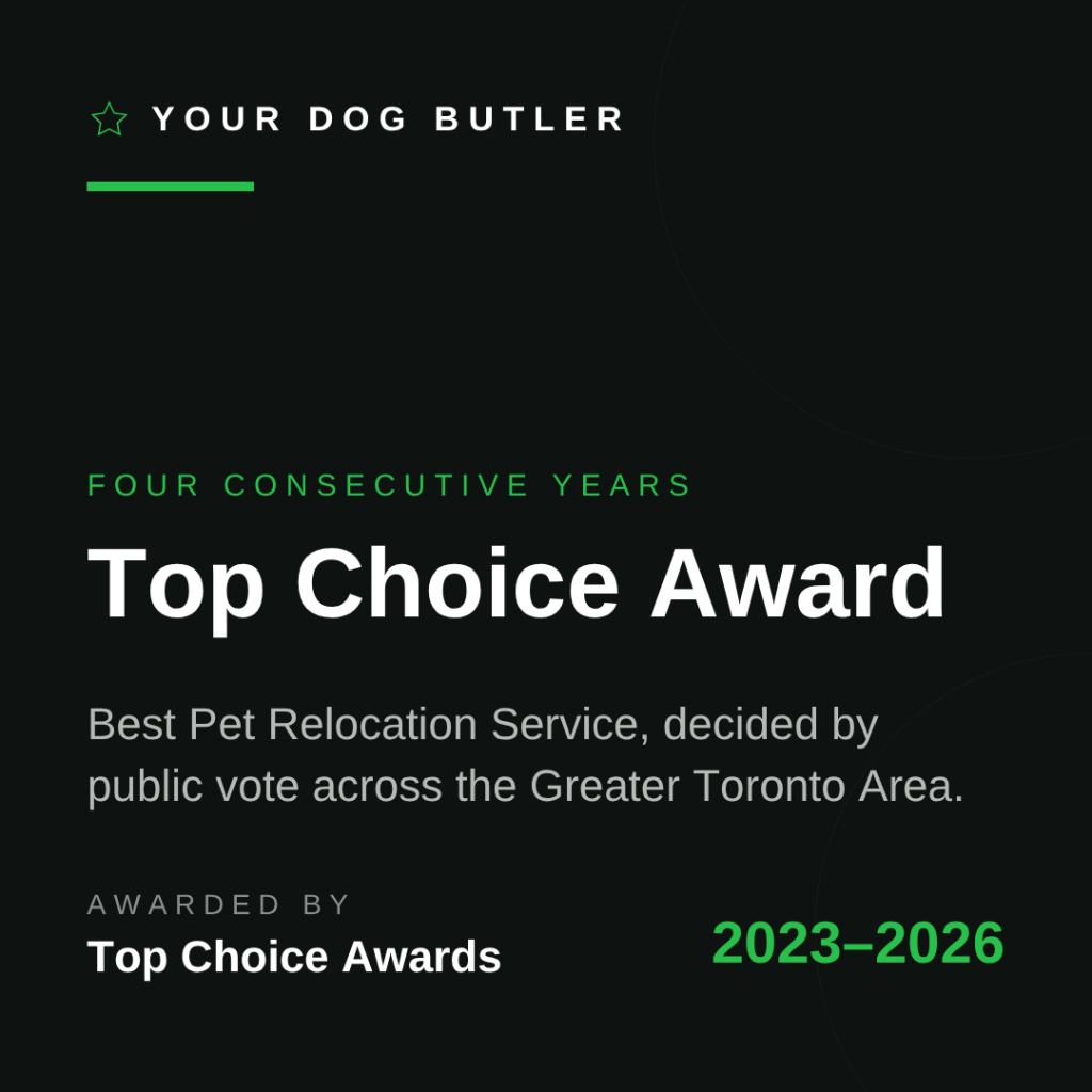 Your Dog Butler — winner of the Top Choice Award for Best Pet Relocation Service, four consecutive years 2023 to 2026
